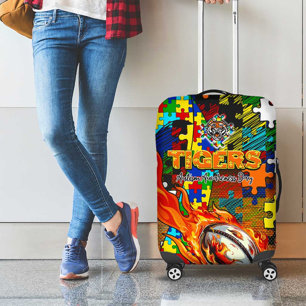 Tigers Autism Awareness Luggage Cover Puzzle Flames Rugby Ball