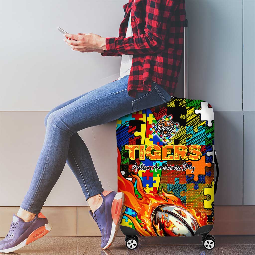 Tigers Autism Awareness Luggage Cover Puzzle Flames Rugby Ball
