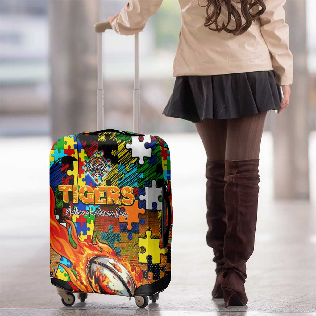 Tigers Autism Awareness Luggage Cover Puzzle Flames Rugby Ball