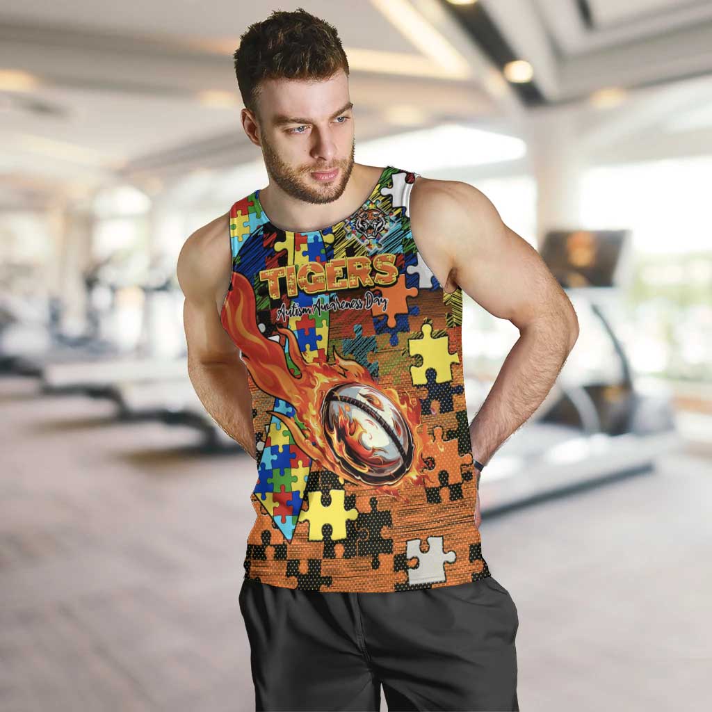 Tigers Autism Awareness Men Tank Top Puzzle Flames Rugby Ball