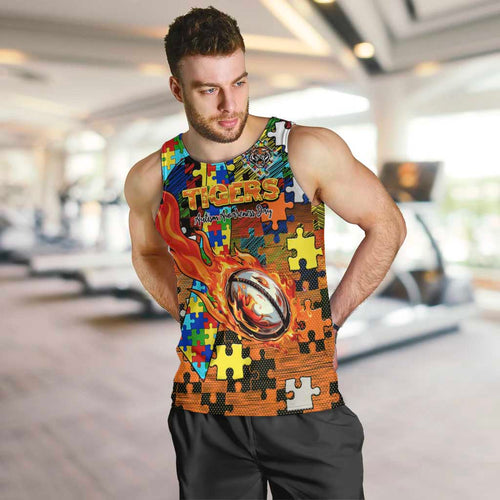 Tigers Autism Awareness Men Tank Top Puzzle Flames Rugby Ball