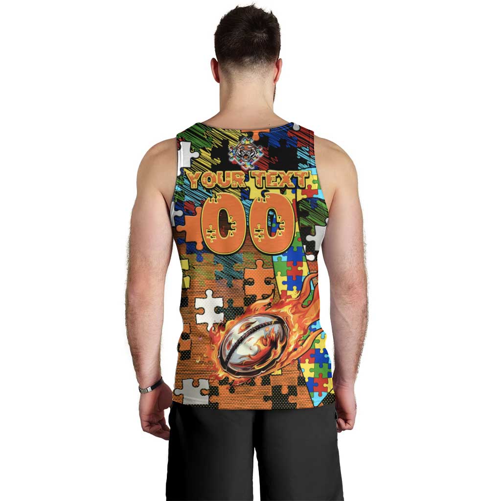 Tigers Autism Awareness Men Tank Top Puzzle Flames Rugby Ball