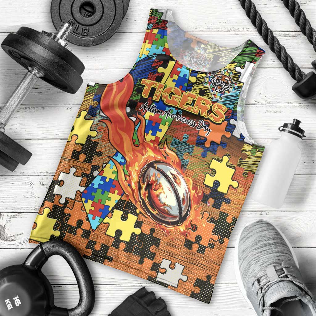 Tigers Autism Awareness Men Tank Top Puzzle Flames Rugby Ball