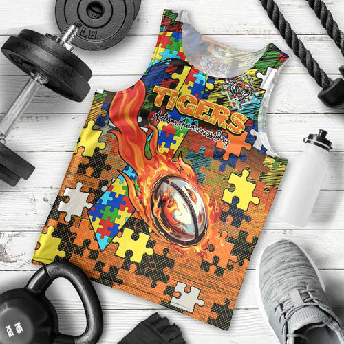 Tigers Autism Awareness Men Tank Top Puzzle Flames Rugby Ball
