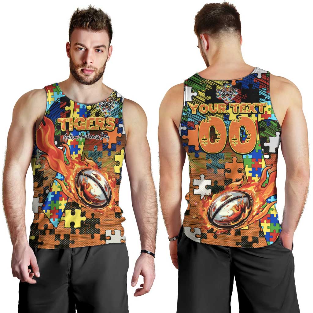 Tigers Autism Awareness Men Tank Top Puzzle Flames Rugby Ball
