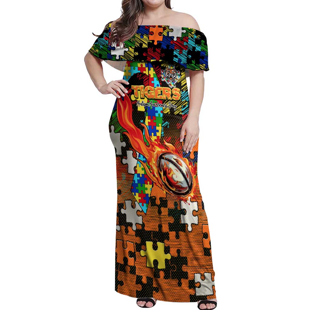 Tigers Autism Awareness Off Shoulder Maxi Dress Puzzle Flames Rugby Ball