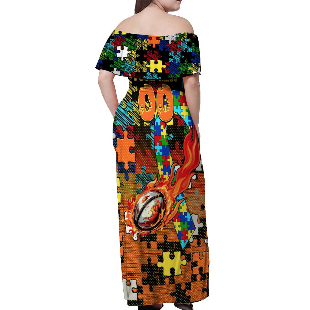 Tigers Autism Awareness Off Shoulder Maxi Dress Puzzle Flames Rugby Ball