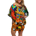 Tigers Autism Awareness Off Shoulder Short Dress Puzzle Flames Rugby Ball