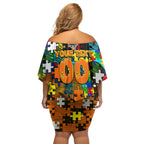 Tigers Autism Awareness Off Shoulder Short Dress Puzzle Flames Rugby Ball