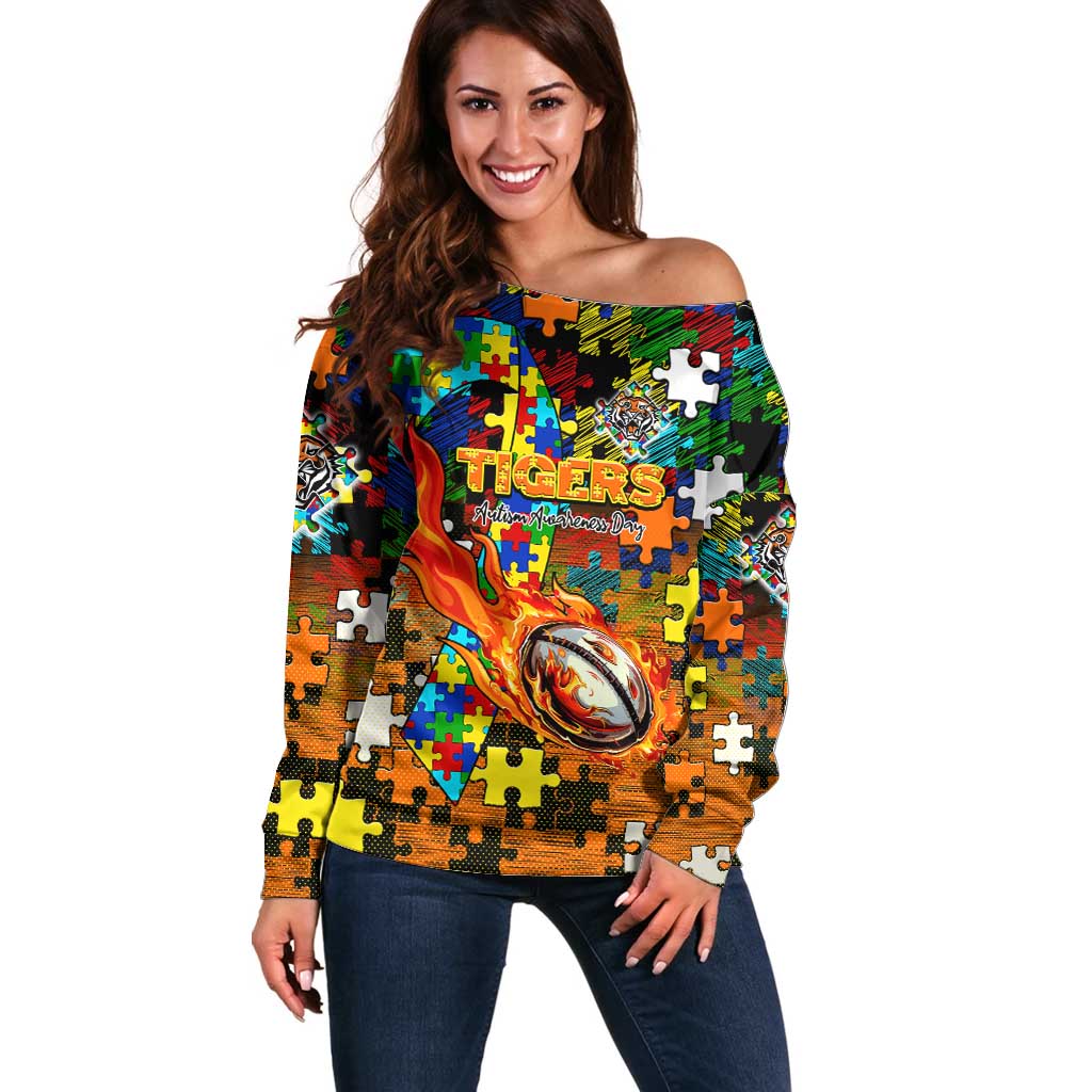 Tigers Autism Awareness Off Shoulder Sweater Puzzle Flames Rugby Ball