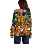 Tigers Autism Awareness Off Shoulder Sweater Puzzle Flames Rugby Ball
