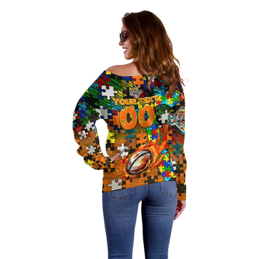 Tigers Autism Awareness Off Shoulder Sweater Puzzle Flames Rugby Ball