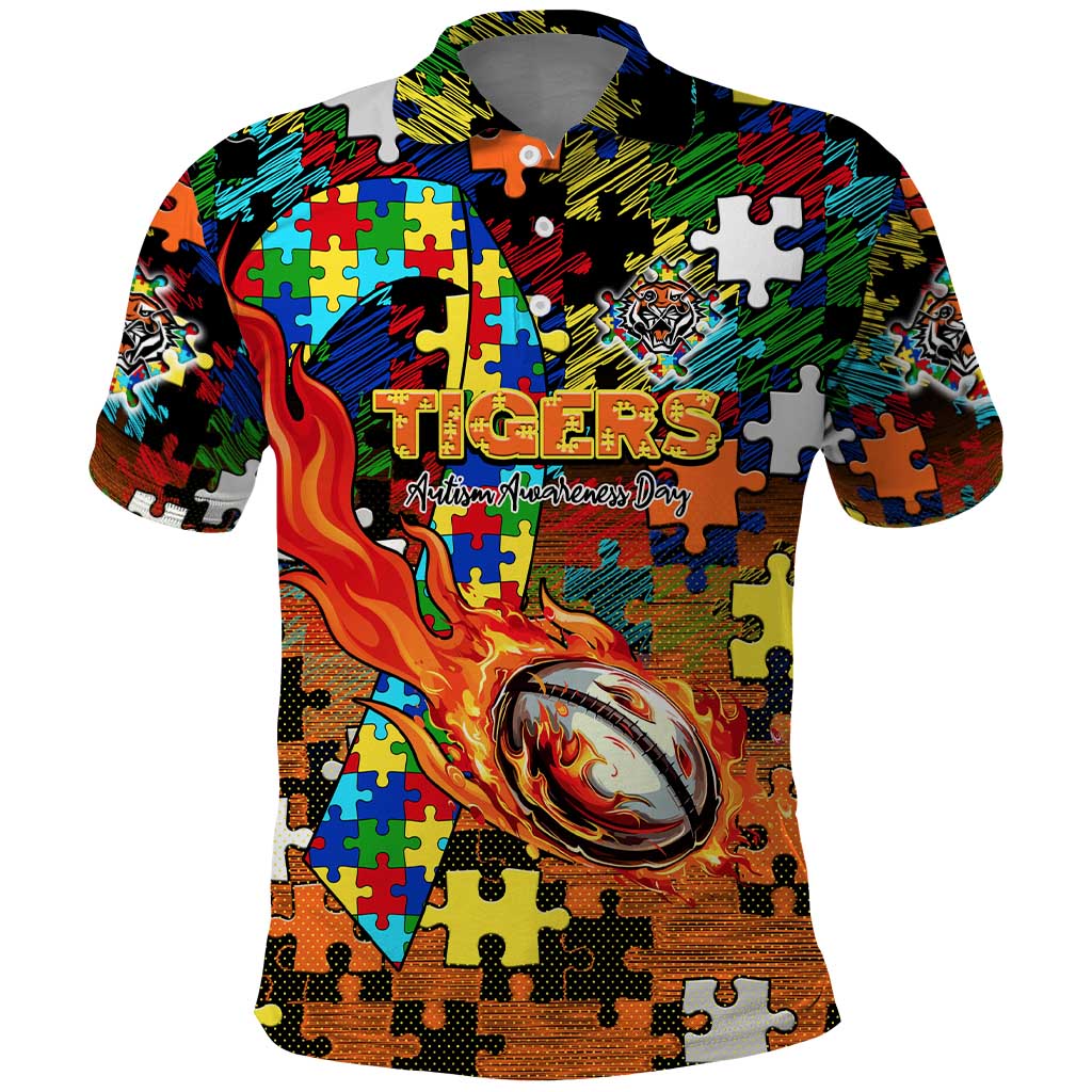 Tigers Autism Awareness Polo Shirt Puzzle Flames Rugby Ball
