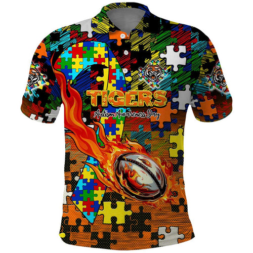 Tigers Autism Awareness Polo Shirt Puzzle Flames Rugby Ball