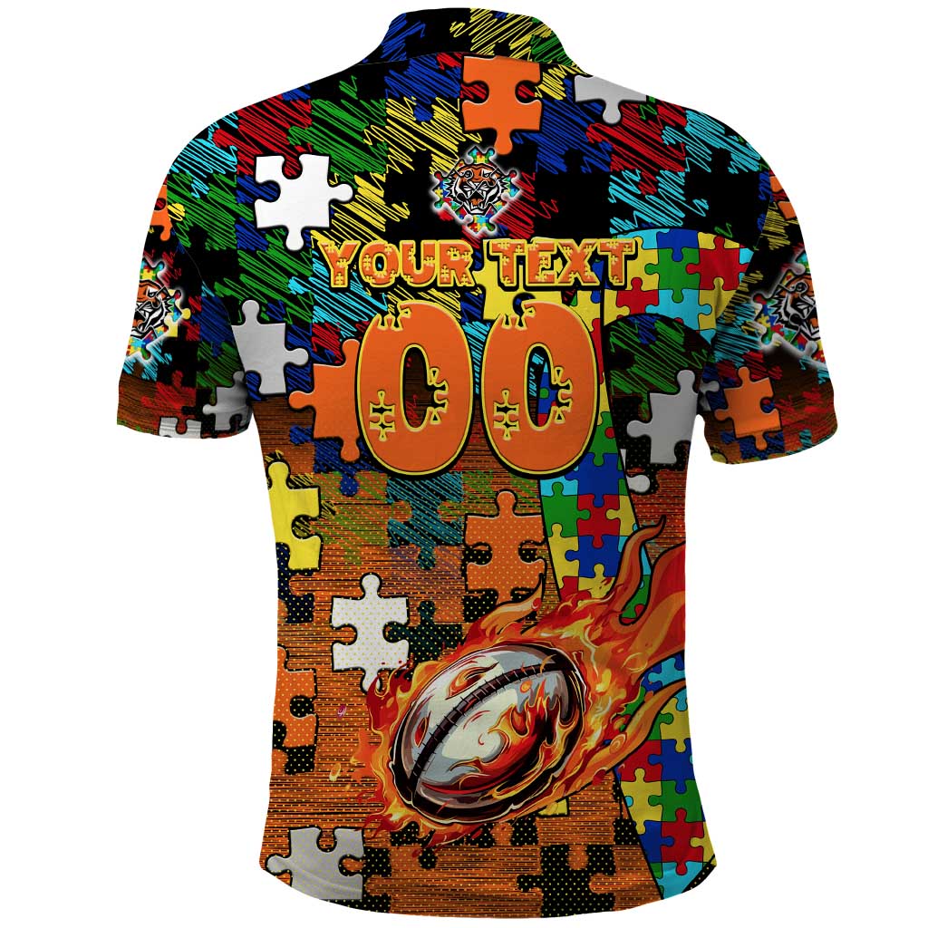 Tigers Autism Awareness Polo Shirt Puzzle Flames Rugby Ball