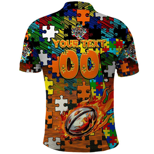 Tigers Autism Awareness Polo Shirt Puzzle Flames Rugby Ball