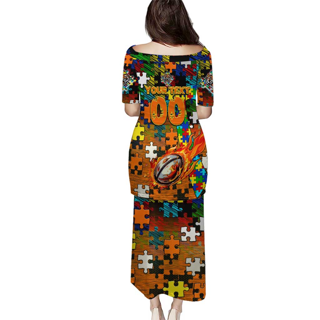 Tigers Autism Awareness Puletasi Puzzle Flames Rugby Ball