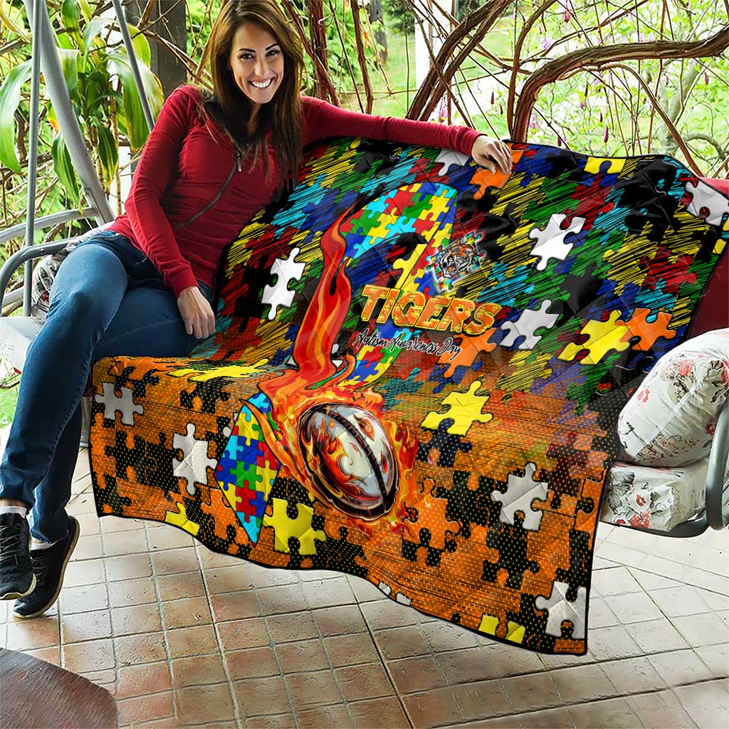 Tigers Autism Awareness Quilt Puzzle Flames Rugby Ball