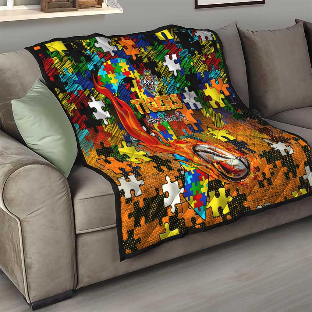 Tigers Autism Awareness Quilt Puzzle Flames Rugby Ball