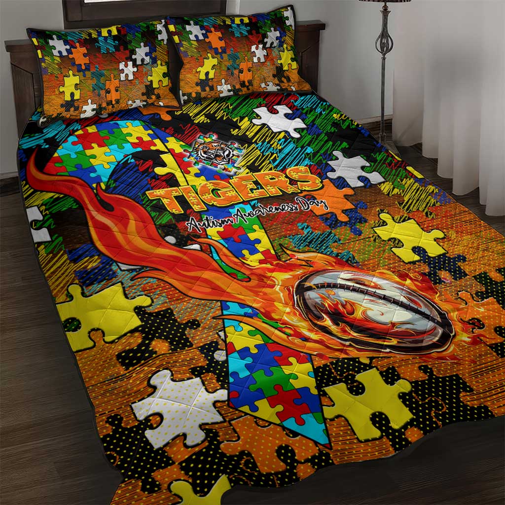 Tigers Autism Awareness Quilt Bed Set Puzzle Flames Rugby Ball