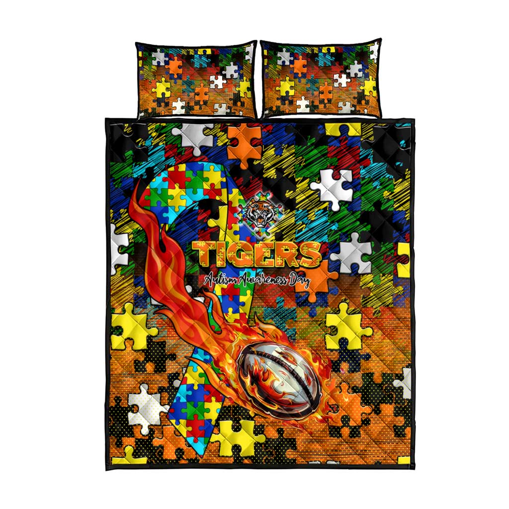 Tigers Autism Awareness Quilt Bed Set Puzzle Flames Rugby Ball