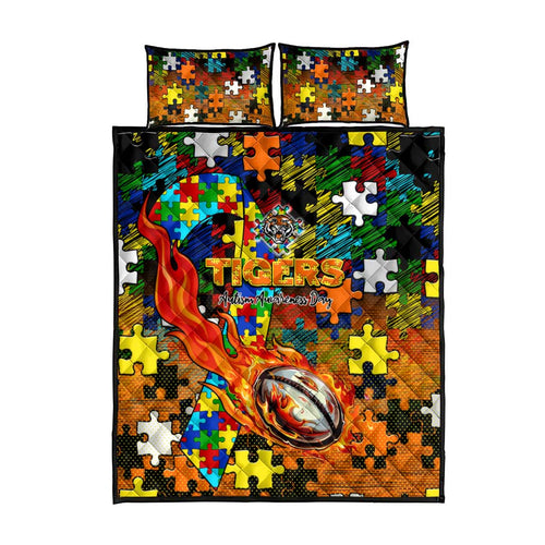 Tigers Autism Awareness Quilt Bed Set Puzzle Flames Rugby Ball