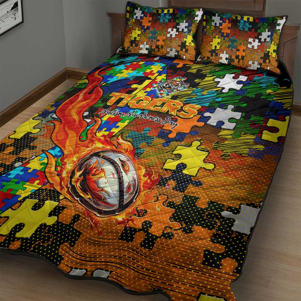 Tigers Autism Awareness Quilt Bed Set Puzzle Flames Rugby Ball