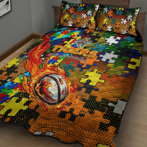 Tigers Autism Awareness Quilt Bed Set Puzzle Flames Rugby Ball