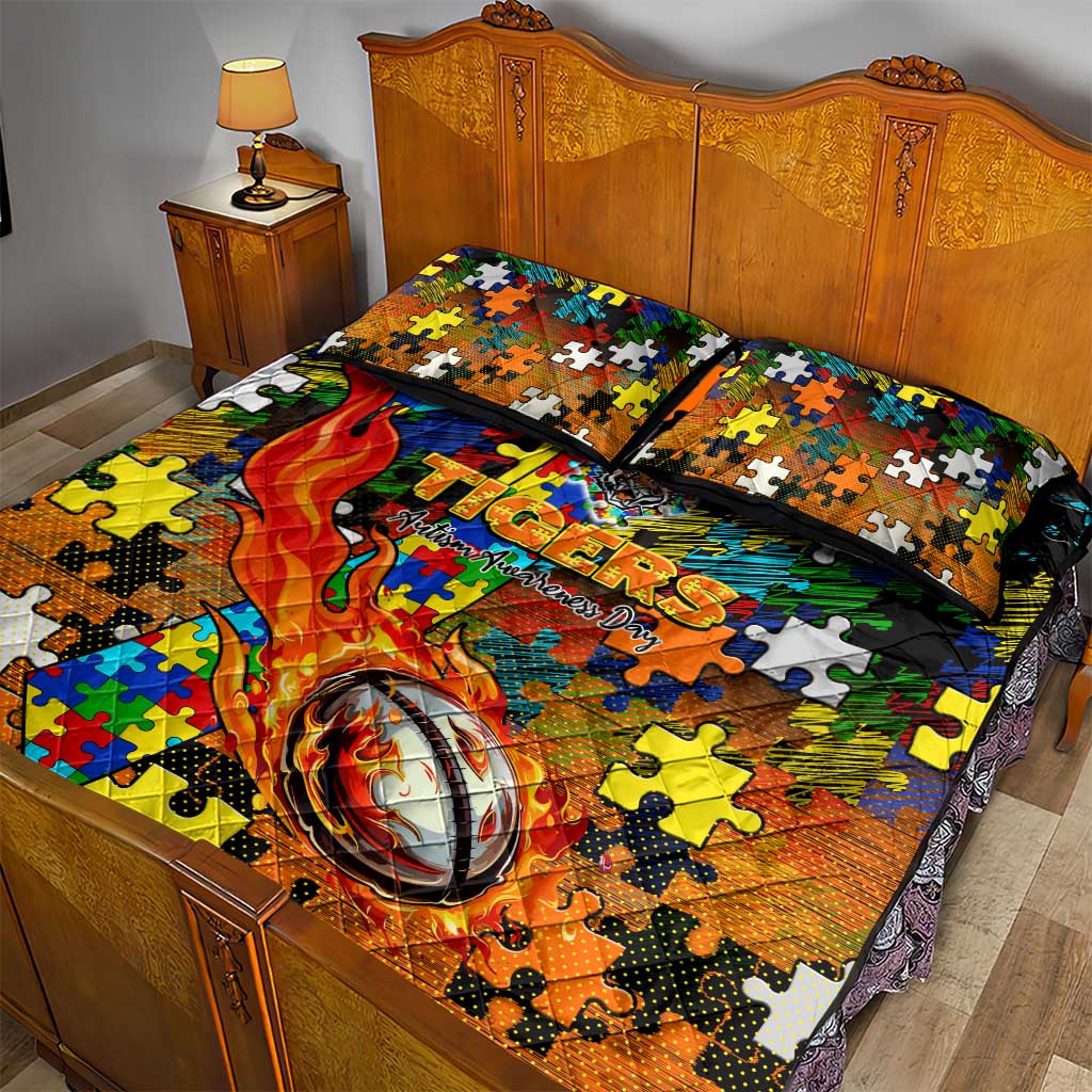 Tigers Autism Awareness Quilt Bed Set Puzzle Flames Rugby Ball