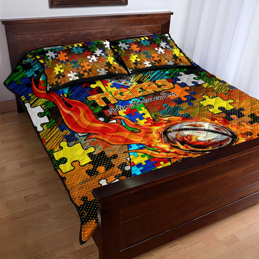 Tigers Autism Awareness Quilt Bed Set Puzzle Flames Rugby Ball