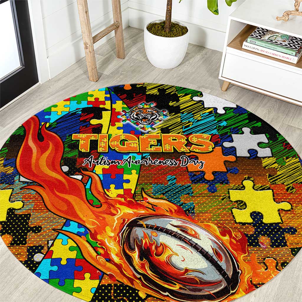 Tigers Autism Awareness Round Carpet Puzzle Flames Rugby Ball