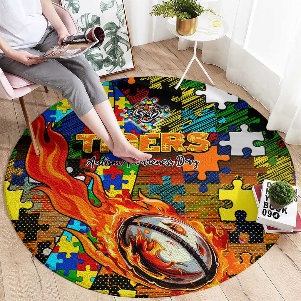 Tigers Autism Awareness Round Carpet Puzzle Flames Rugby Ball