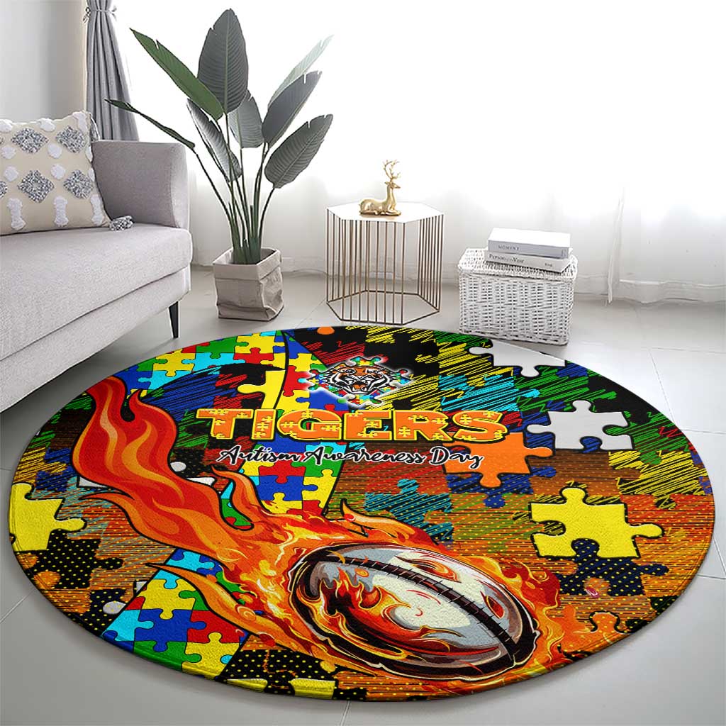 Tigers Autism Awareness Round Carpet Puzzle Flames Rugby Ball