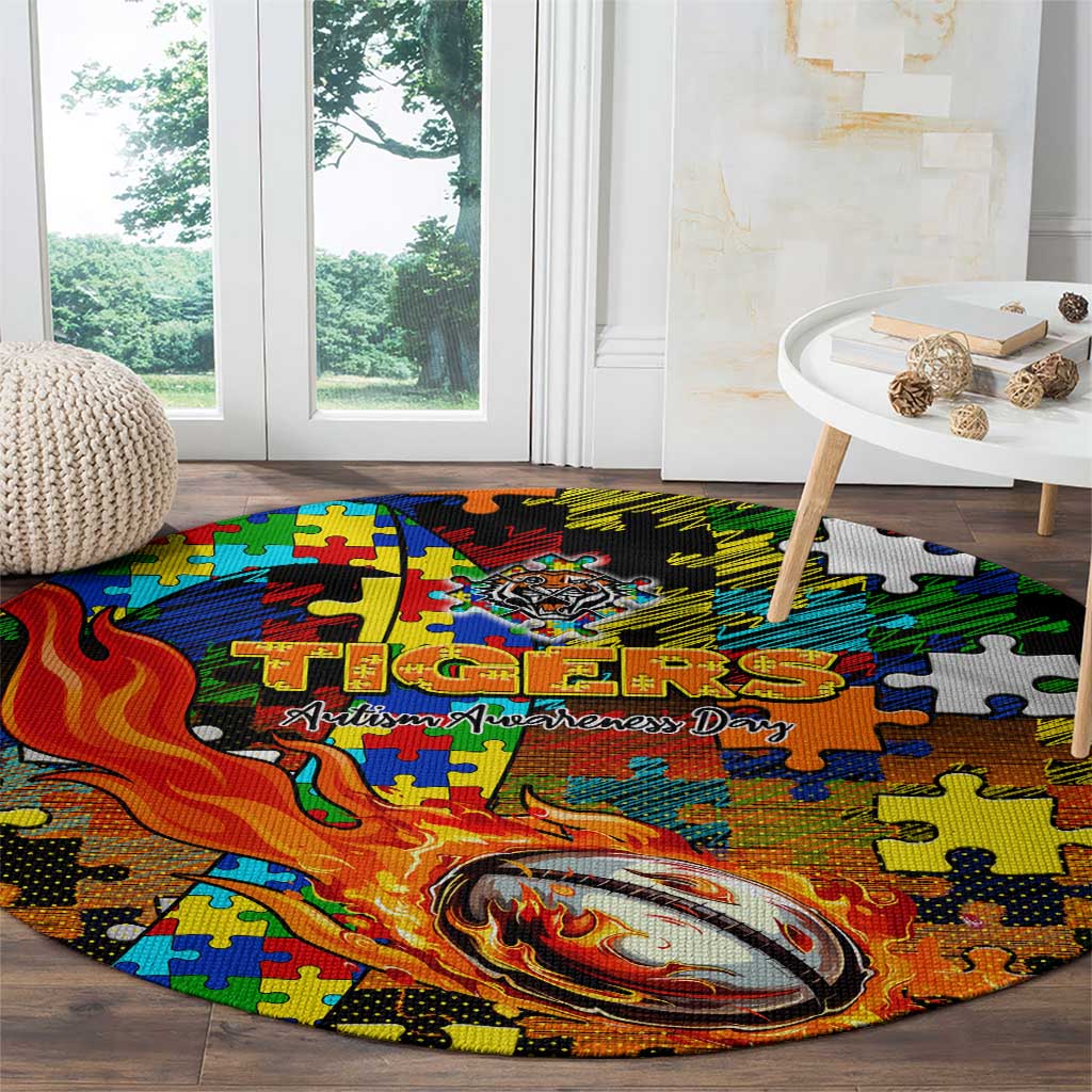 Tigers Autism Awareness Round Carpet Puzzle Flames Rugby Ball