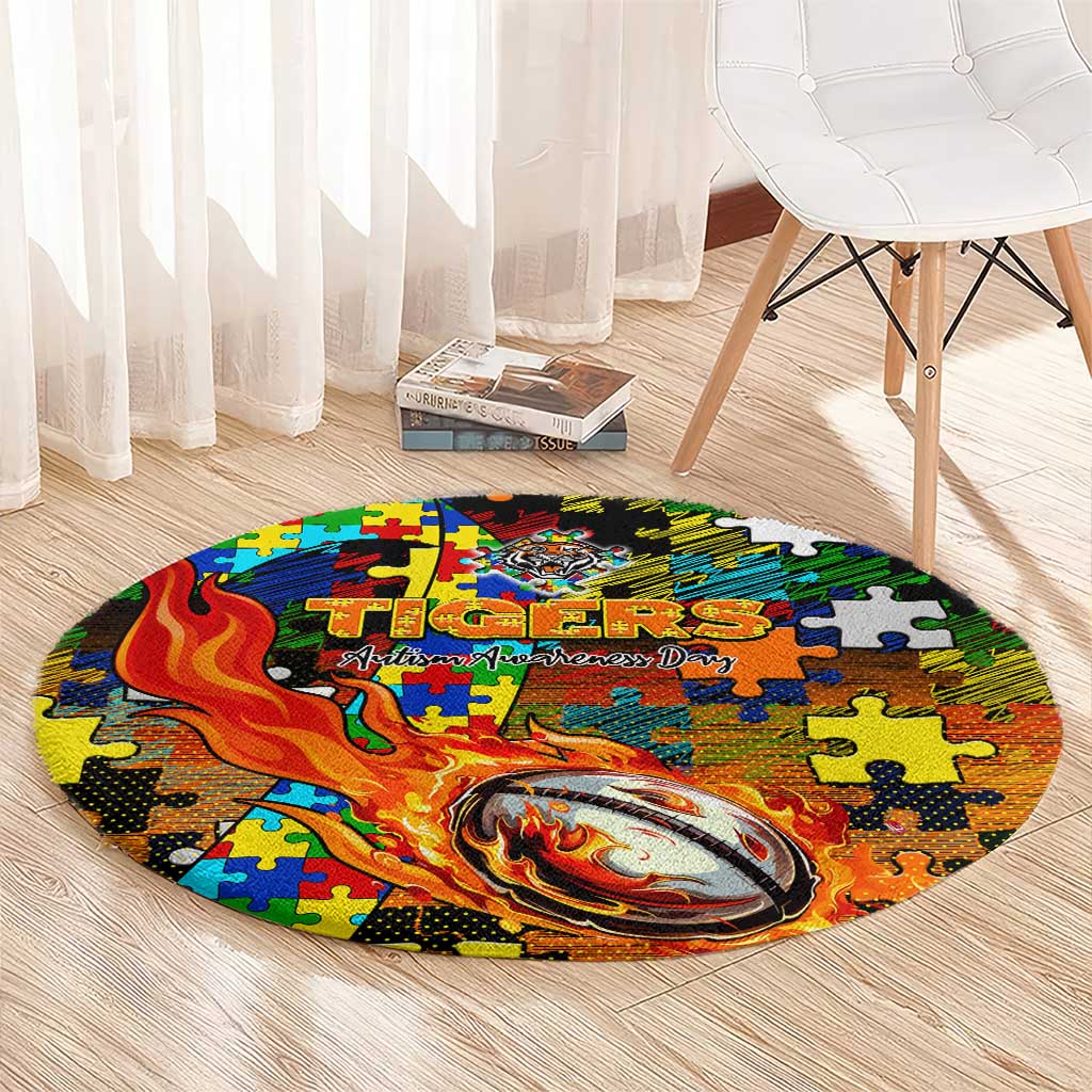 Tigers Autism Awareness Round Carpet Puzzle Flames Rugby Ball