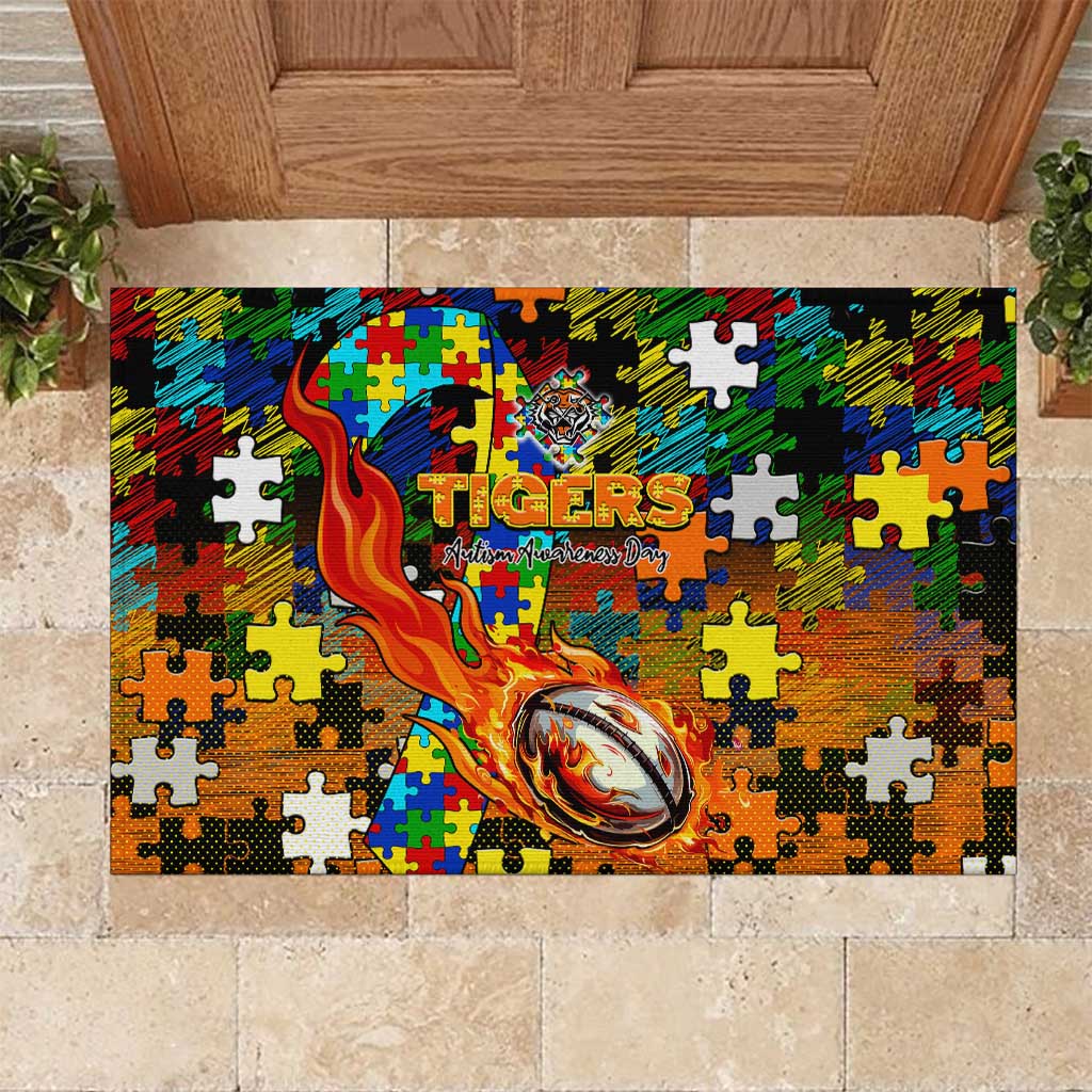 Tigers Autism Awareness Rubber Doormat Puzzle Flames Rugby Ball