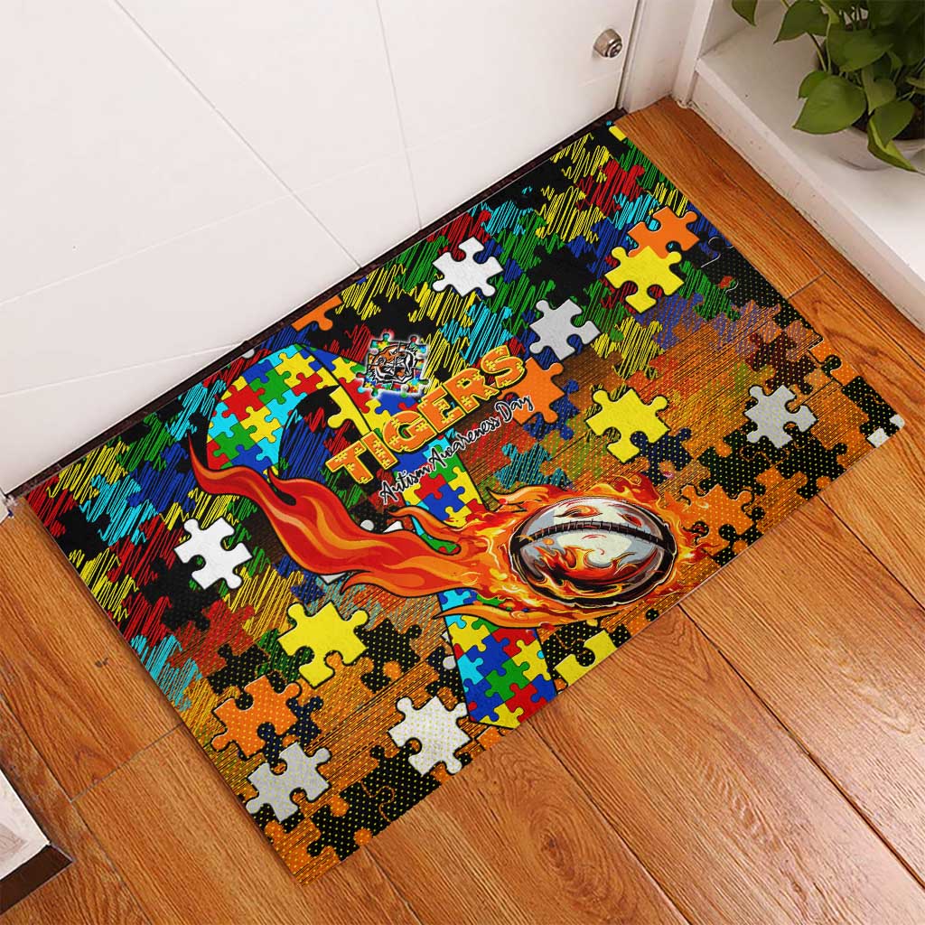 Tigers Autism Awareness Rubber Doormat Puzzle Flames Rugby Ball