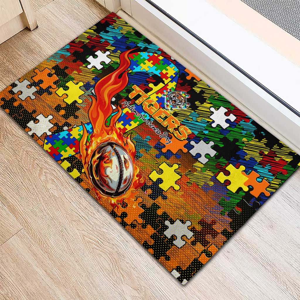 Tigers Autism Awareness Rubber Doormat Puzzle Flames Rugby Ball