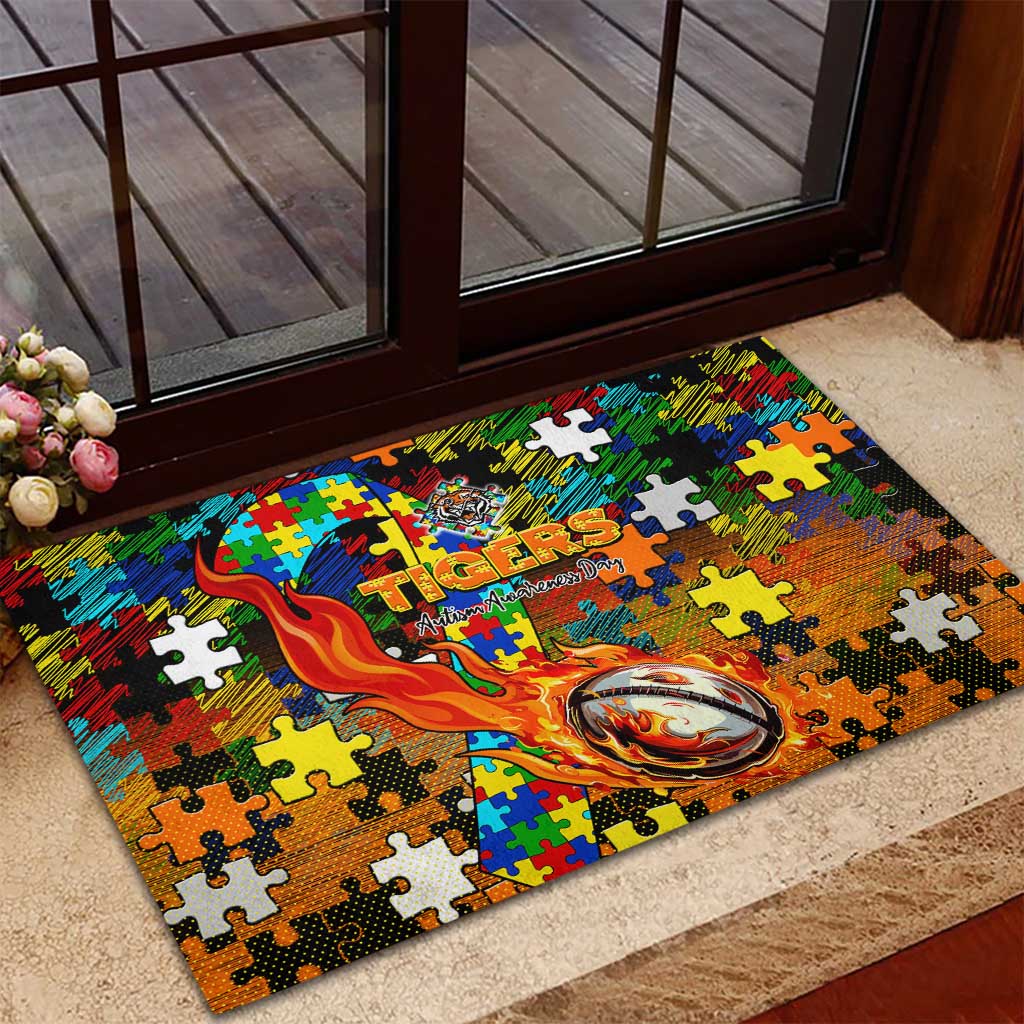 Tigers Autism Awareness Rubber Doormat Puzzle Flames Rugby Ball