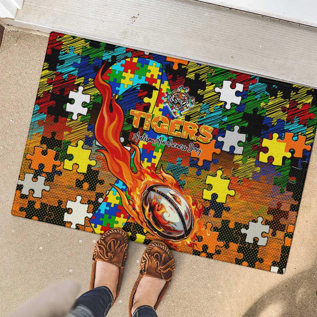 Tigers Autism Awareness Rubber Doormat Puzzle Flames Rugby Ball
