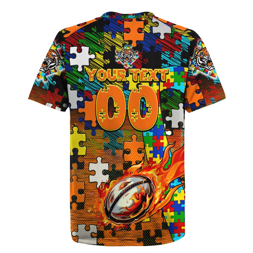 Tigers Autism Awareness Rugby Jersey Puzzle Flames Rugby Ball