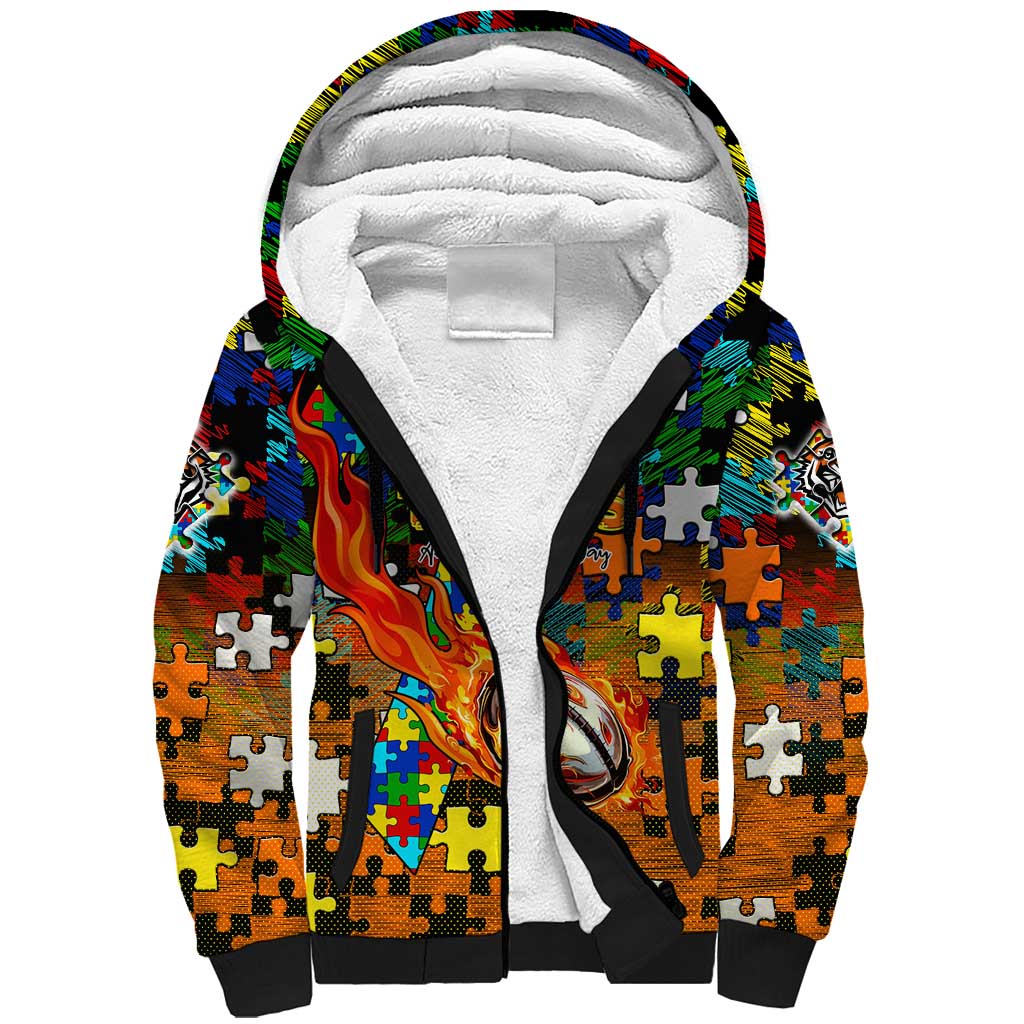 Tigers Autism Awareness Sherpa Hoodie Puzzle Flames Rugby Ball
