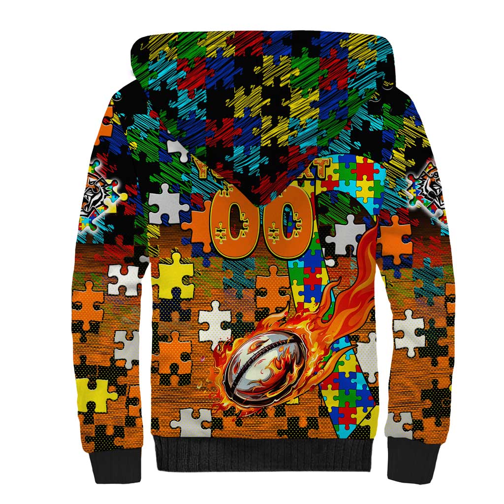 Tigers Autism Awareness Sherpa Hoodie Puzzle Flames Rugby Ball