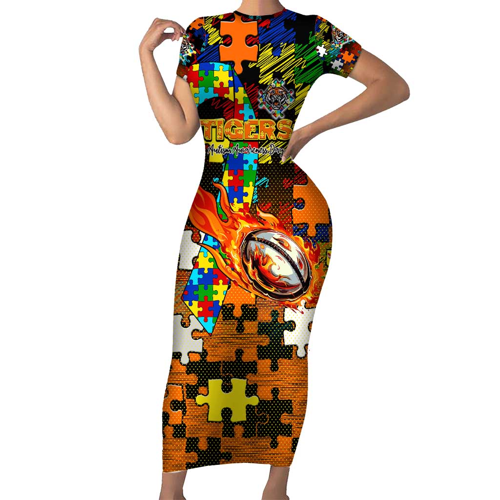 Tigers Autism Awareness Short Sleeve Bodycon Dress Puzzle Flames Rugby Ball