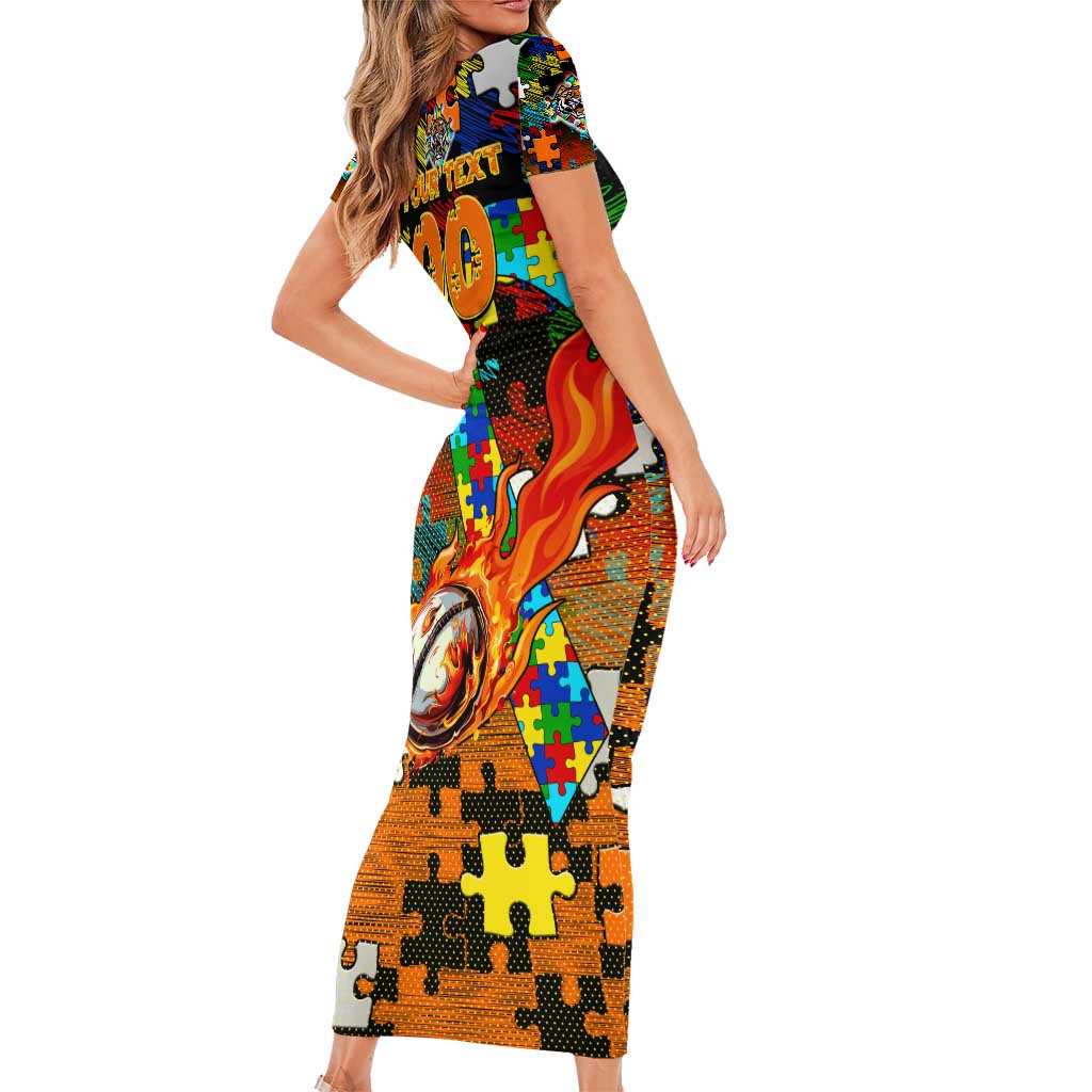 Tigers Autism Awareness Short Sleeve Bodycon Dress Puzzle Flames Rugby Ball