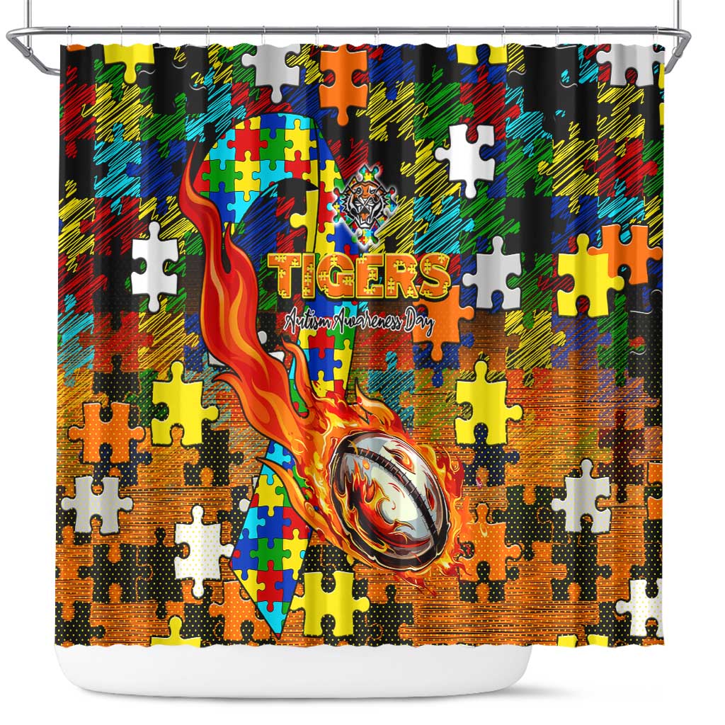 Tigers Autism Awareness Shower Curtain Puzzle Flames Rugby Ball