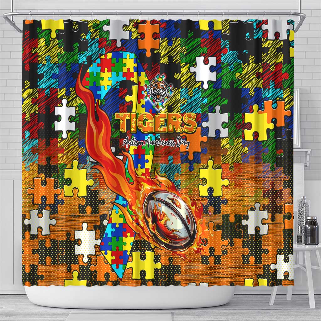 Tigers Autism Awareness Shower Curtain Puzzle Flames Rugby Ball