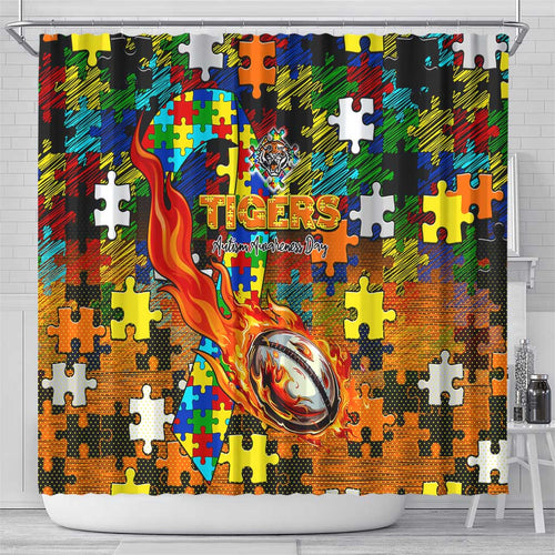 Tigers Autism Awareness Shower Curtain Puzzle Flames Rugby Ball