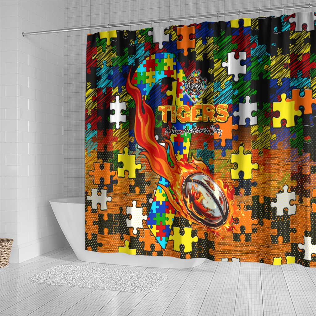 Tigers Autism Awareness Shower Curtain Puzzle Flames Rugby Ball