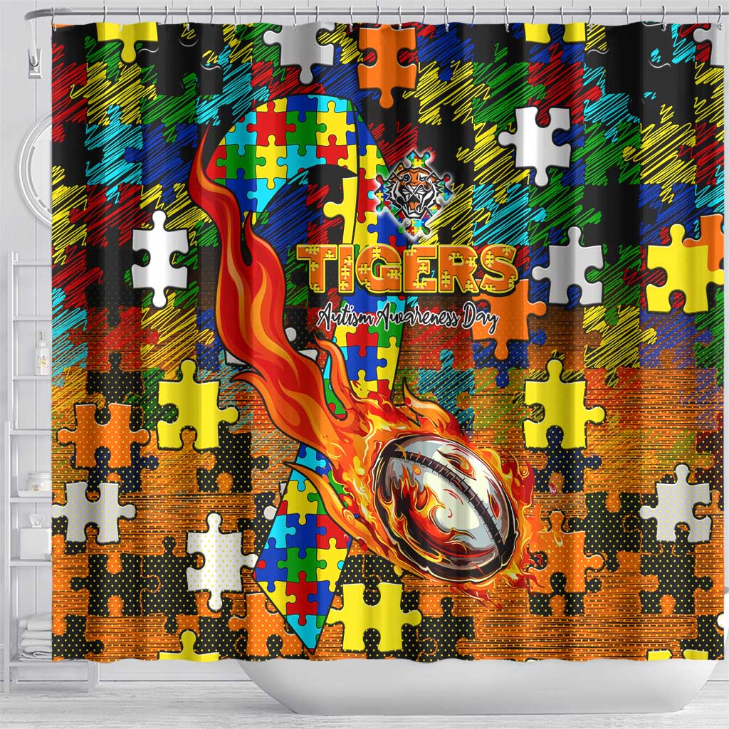 Tigers Autism Awareness Shower Curtain Puzzle Flames Rugby Ball